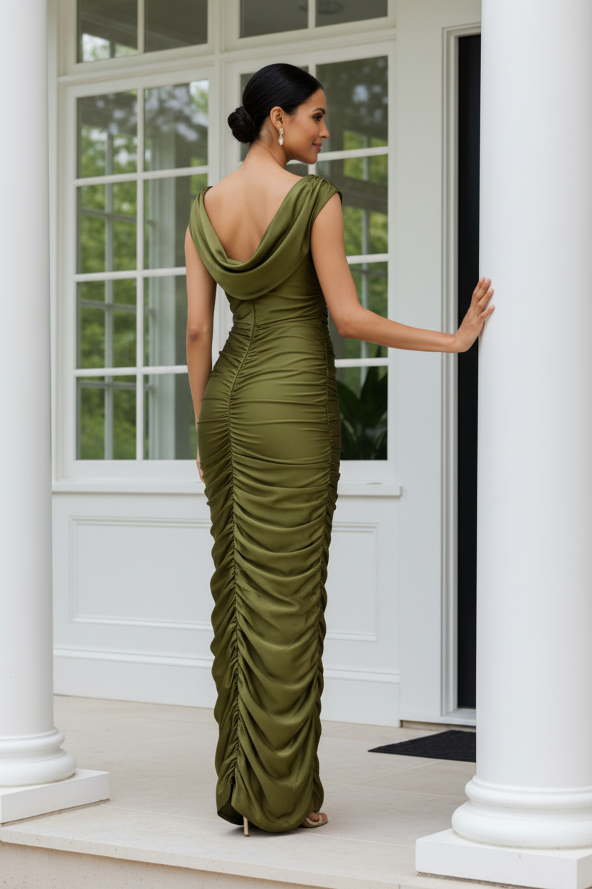 Cowl Neck Ruched Sheath Evening Gown