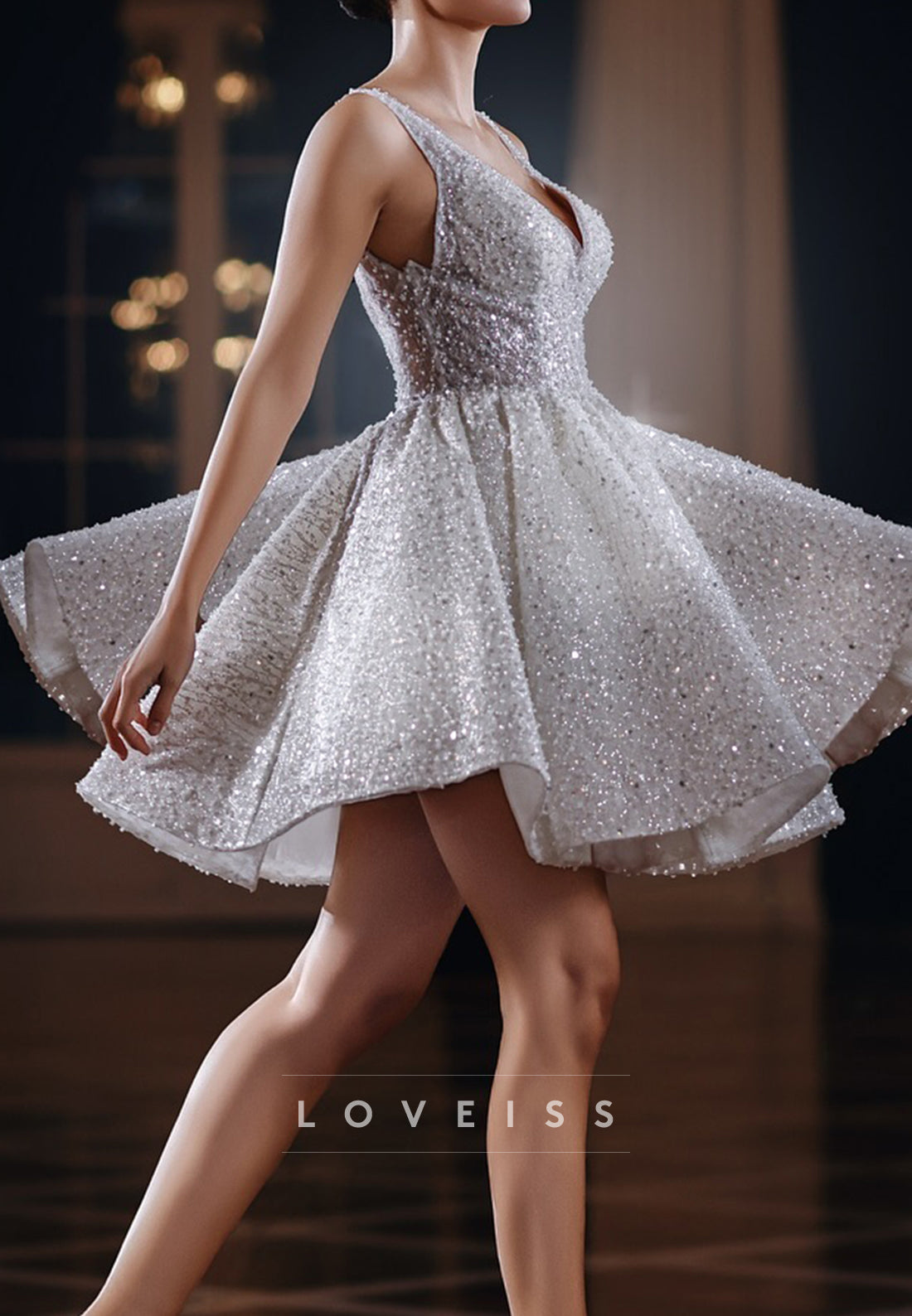 Sparkly V-Neck Low Back A-Line Mini Dress