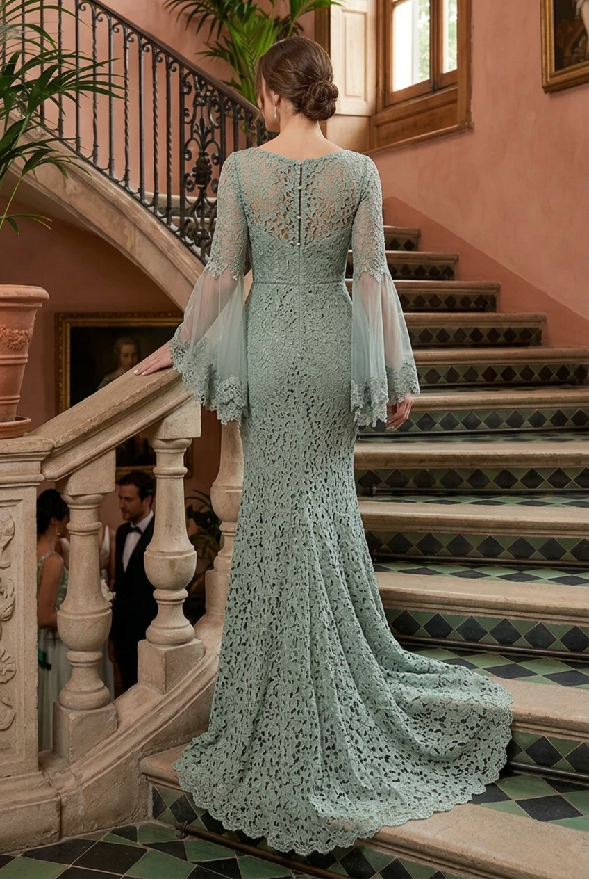 Lace Trumpet Evening Gown with Sheer Bell Sleeves