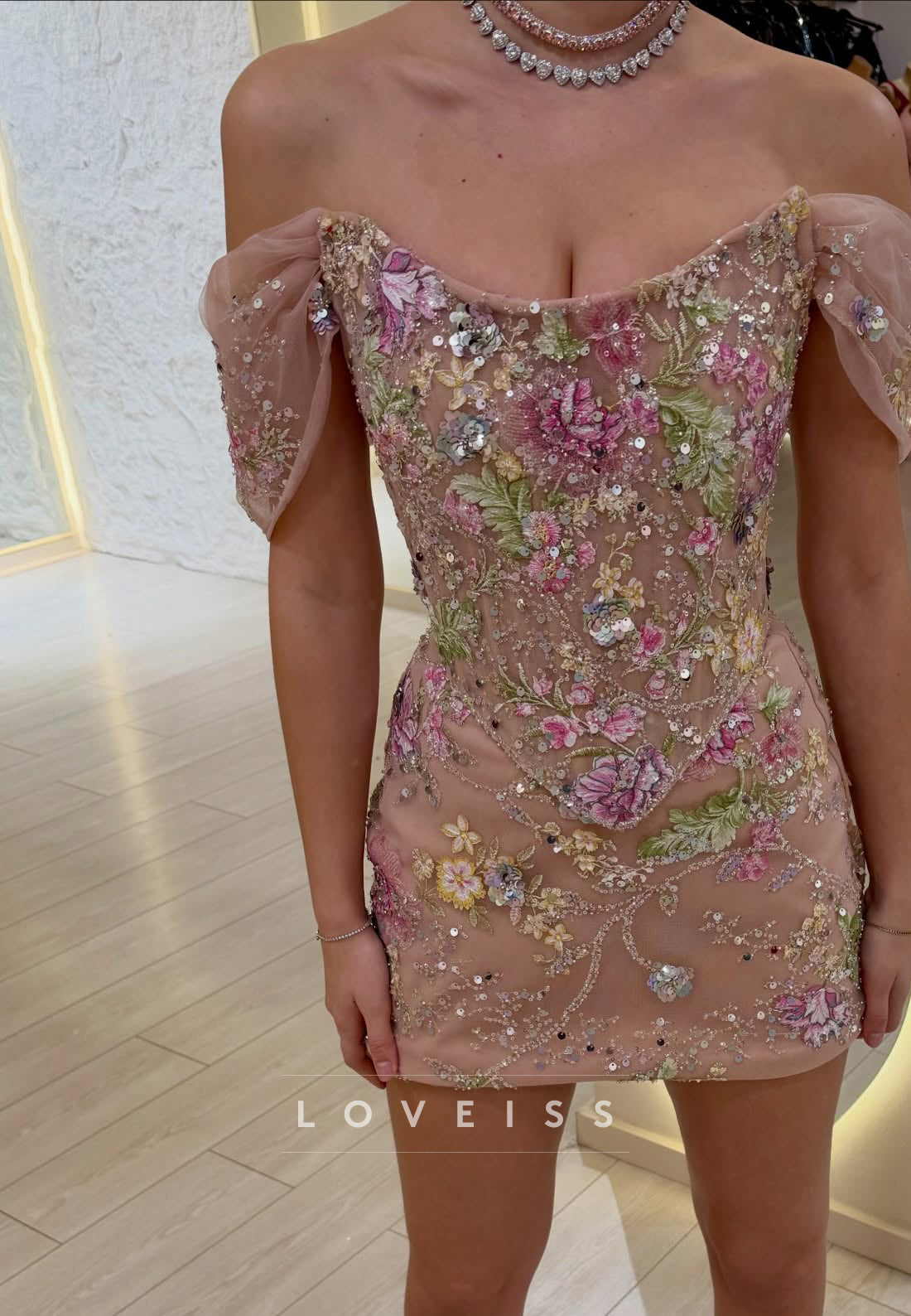 Off-the-Shoulder Floral Embroidered Corset Mini Dress