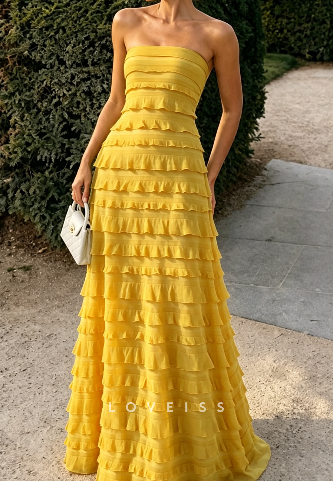 Strapless Tiered Ruffled Maxi Evening Gown