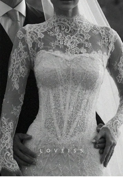 Lace High Neck Corset Mermaid Wedding Dress
