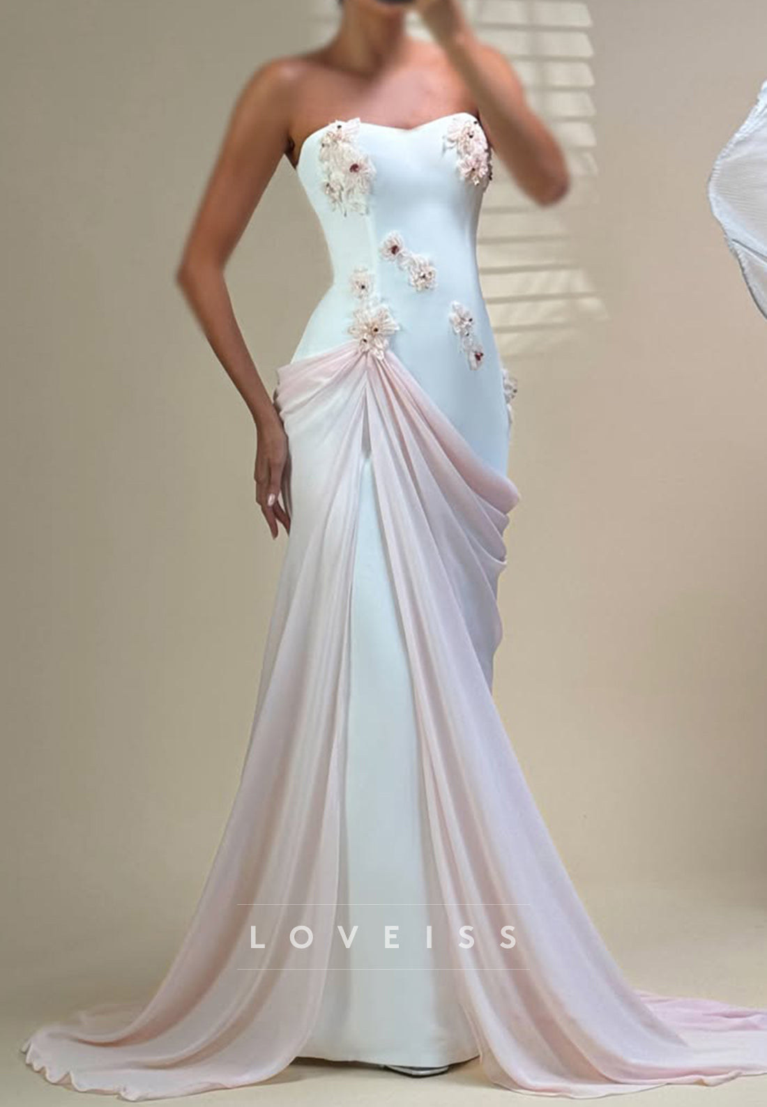 Strapless Floral Applique Gown with Draped Train