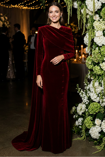 Velvet Gown with Draped Cape and Buttons