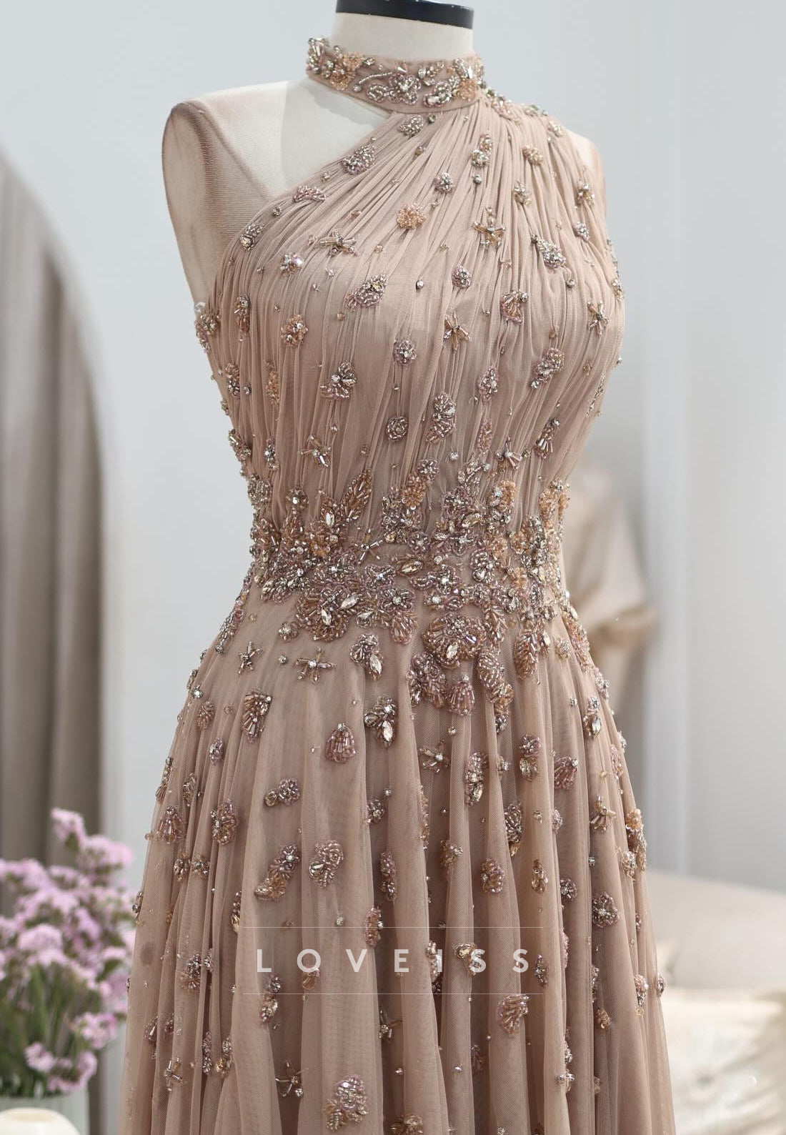 Beaded High Neck Pleated Tulle A-Line Evening Gown