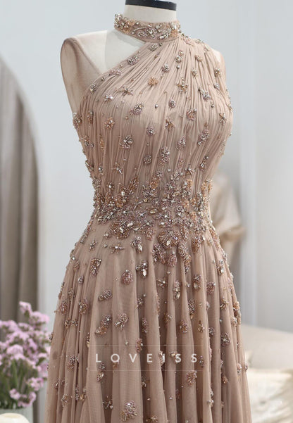 Beaded High Neck Pleated Tulle A-Line Evening Gown