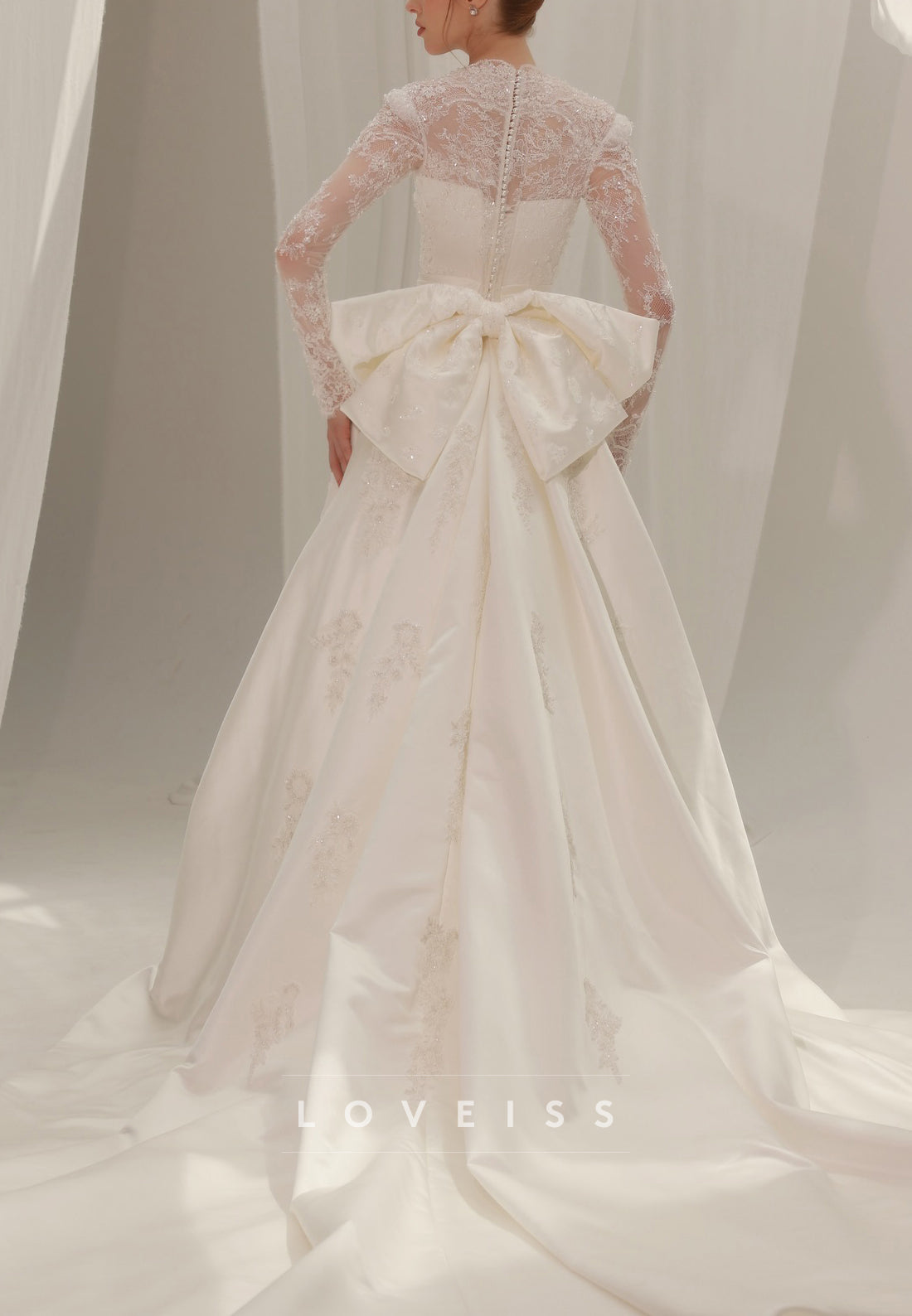 Long Sleeve Lace A-Line Wedding Dress with Bow Back