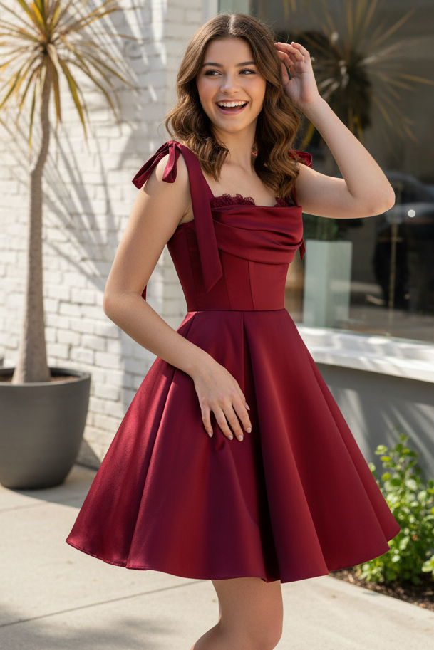 Tie-Strap Satin Homecoming Dress with Corset Bodice