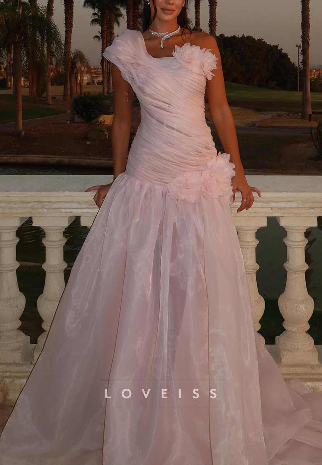 Ruched Asymmetrical Gown with Floral Appliques