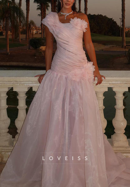 Ruched Asymmetrical Gown with Floral Appliques