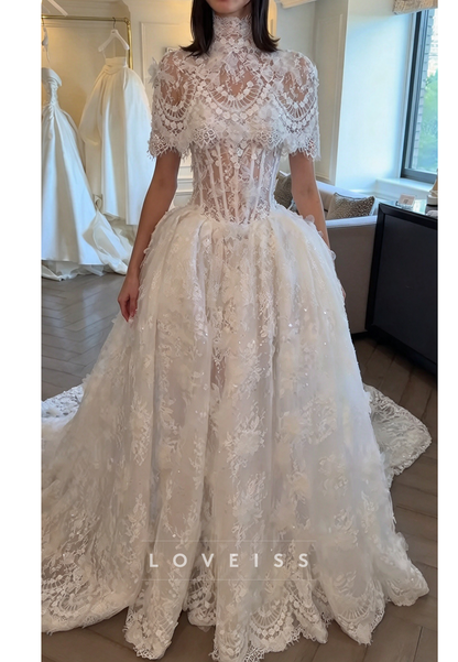 High Neck Lace Ball Gown Wedding Dress with Capelet