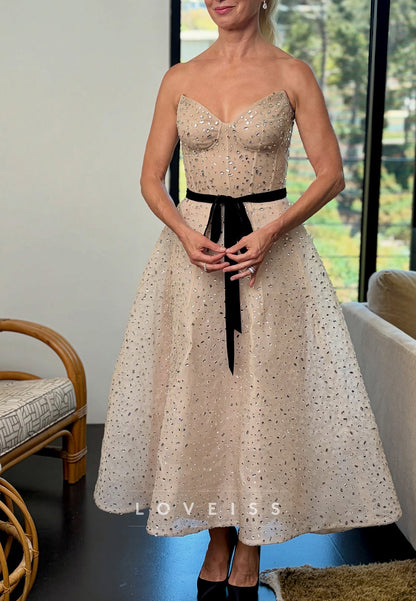 Strapless Embellished Corset Tea-Length Dress