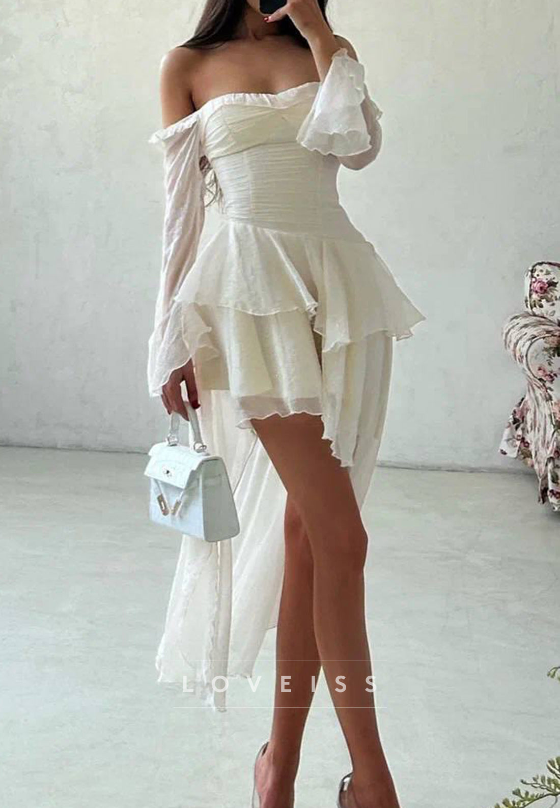 Romantic Off-the-Shoulder High-Low Ruffled Dress