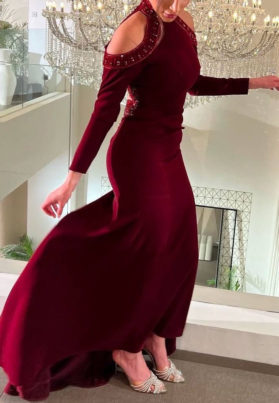 Beaded Cold Shoulder High Neck Evening Gown