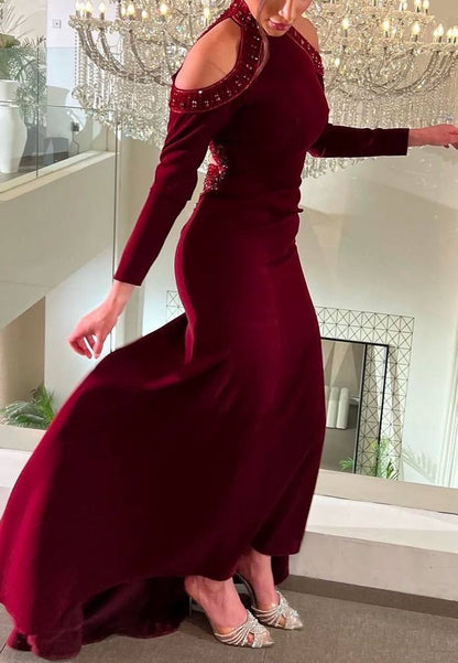 Beaded Cold Shoulder High Neck Evening Gown