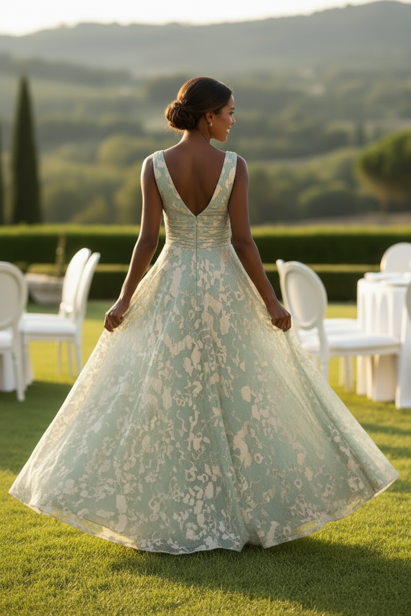 Metallic Floral V-Neck A-Line Evening Gown