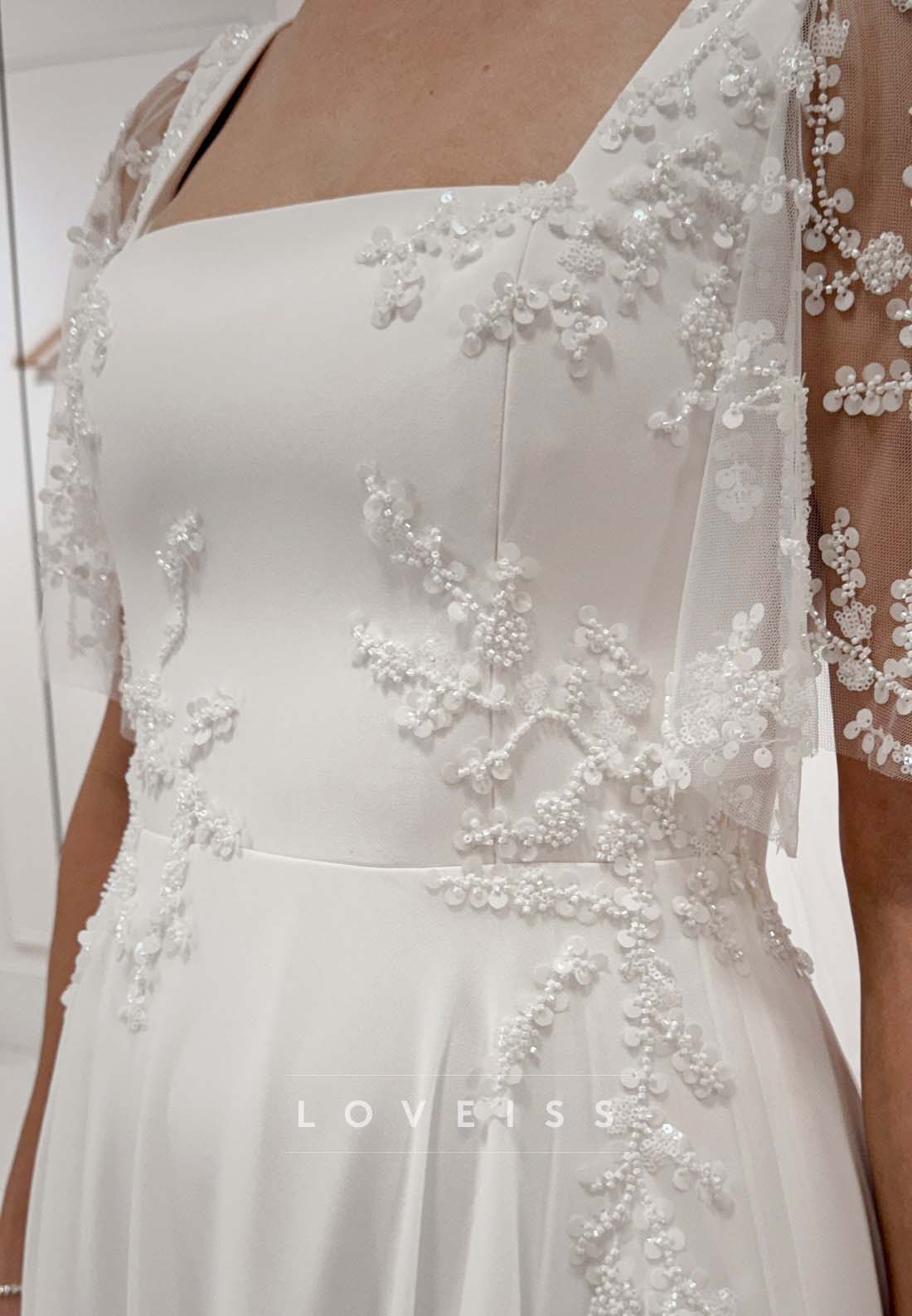 Square Neck A-Line Wedding Dress with Flutter Sleeves
