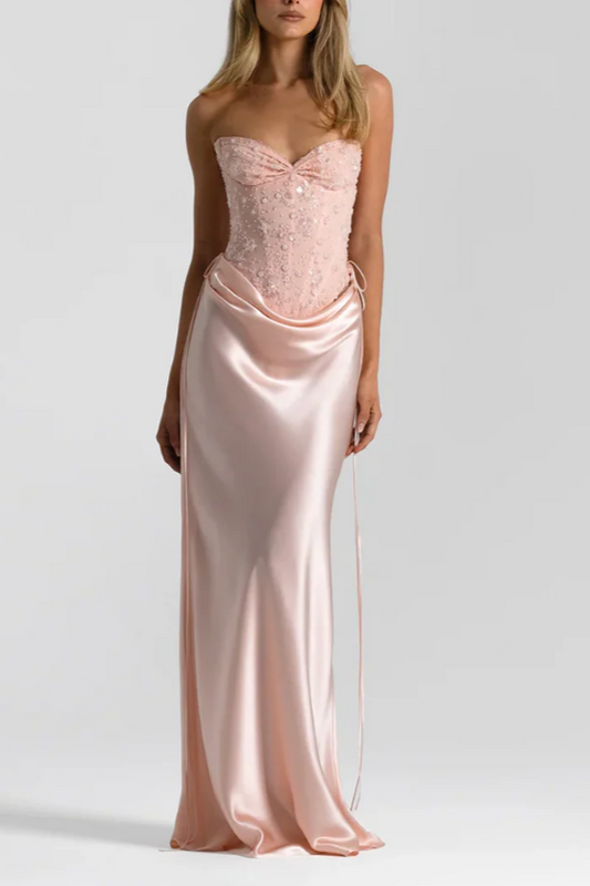 Strapless Beaded Corset Gown with Draped Satin Skirt