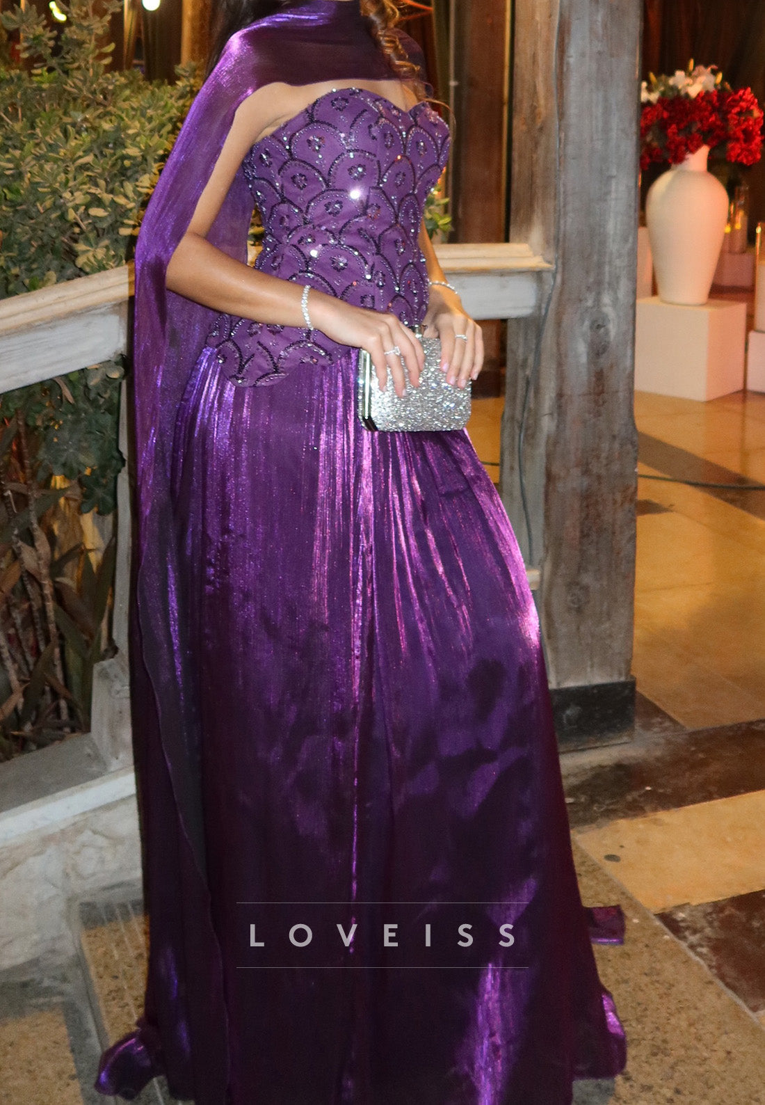 Embellished Bodice Cape Evening Gown