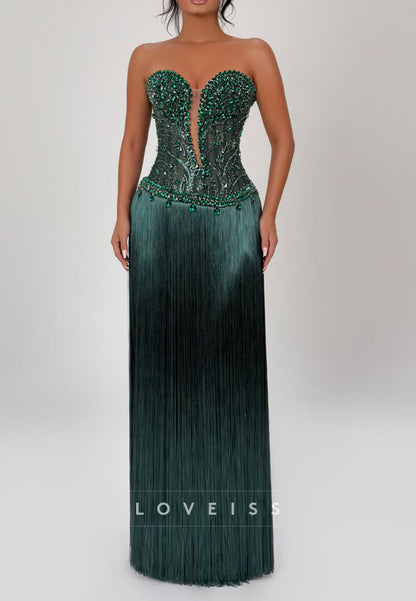 Embellished Corset Fringe Evening Gown