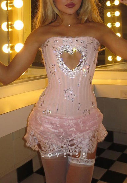 Strapless Corset Mini Dress with Heart Rhinestone Detail