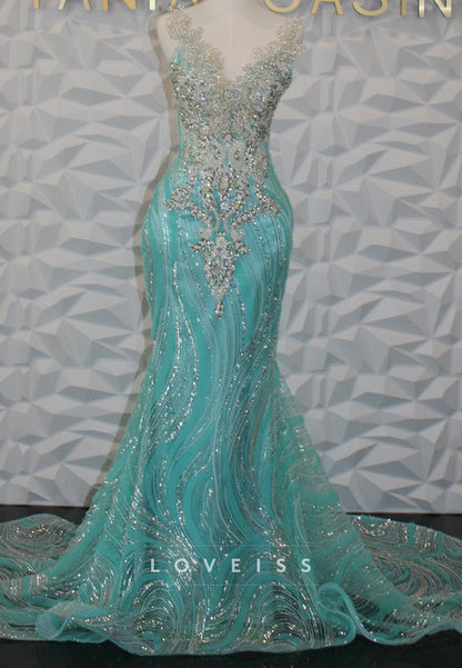 Beaded Mermaid Gown with Swirl Pattern Train