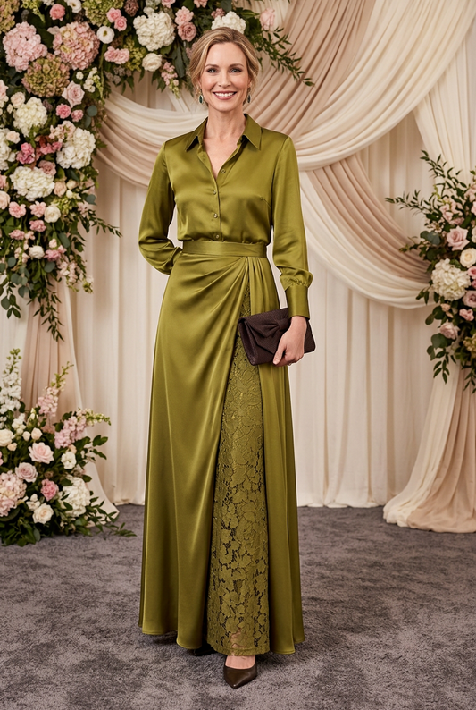Long Sleeve Satin Shirt Dress with Lace Inset Skirt