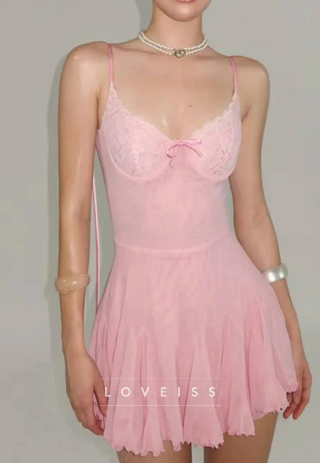 Backless Tie-Strap Pleated Mini Dress with Lace Bust