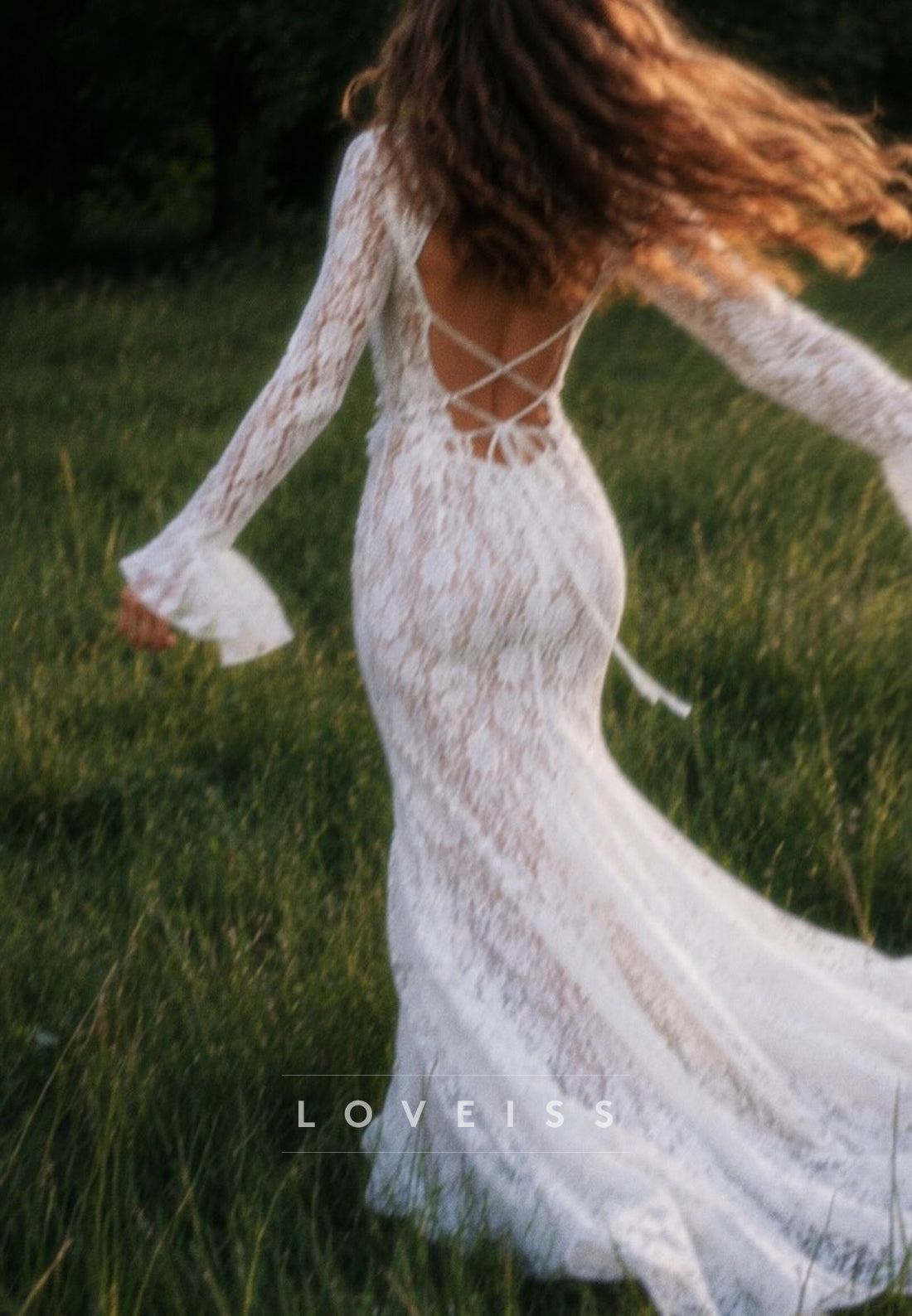 Lace V-Neck Long Sleeve Maxi Dress with Ruffle Trim