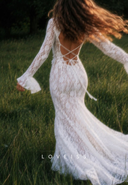 Lace V-Neck Long Sleeve Maxi Dress with Ruffle Trim