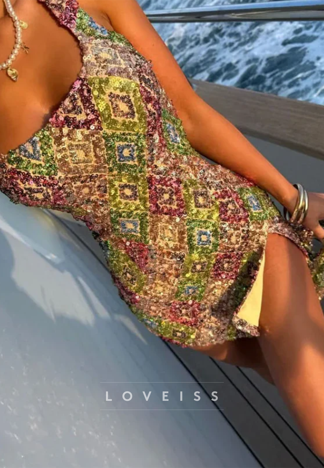 Square Neck Sequin Bodycon Mini Dress with Slit