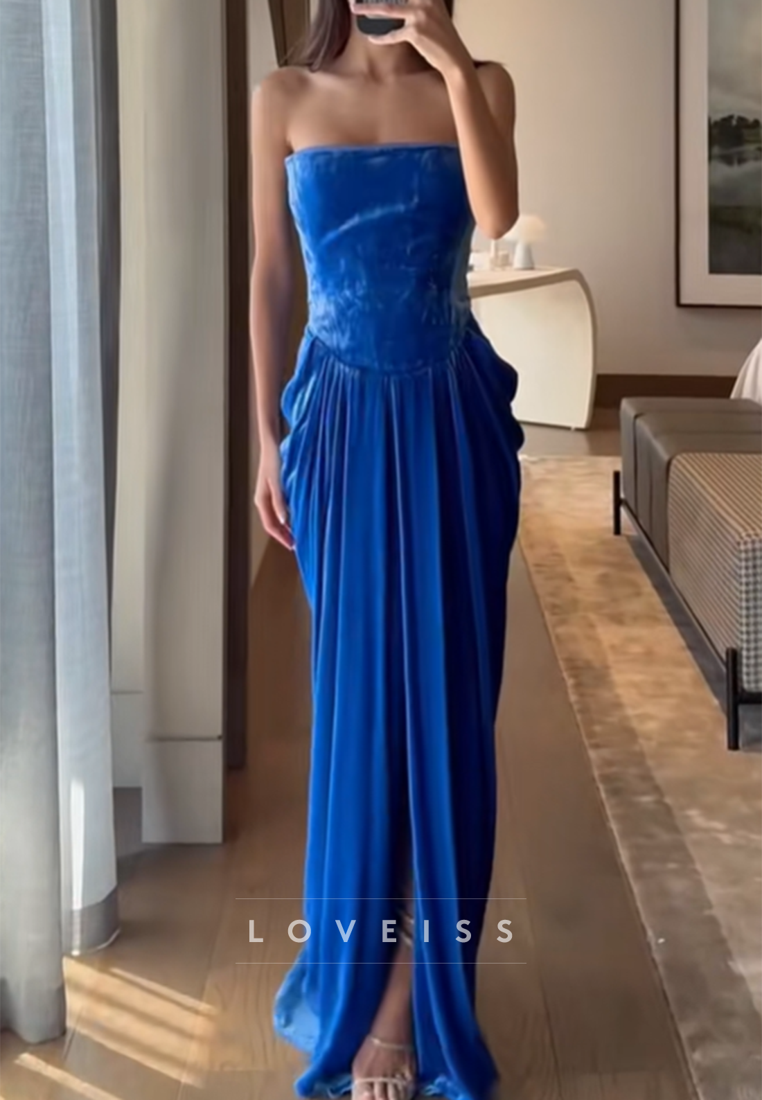 Strapless Velvet Corset Chiffon Gown