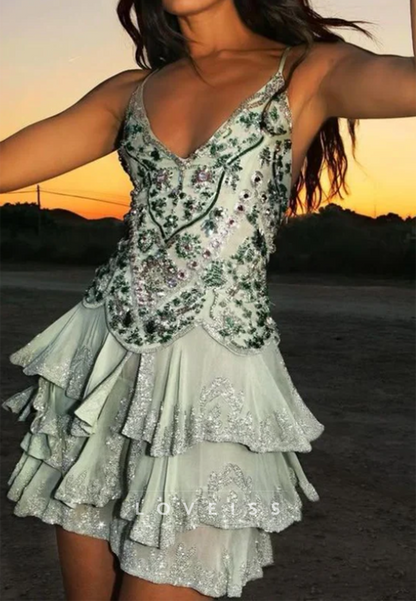 Beaded Tiered Ruffle Mini Dress with Open Back