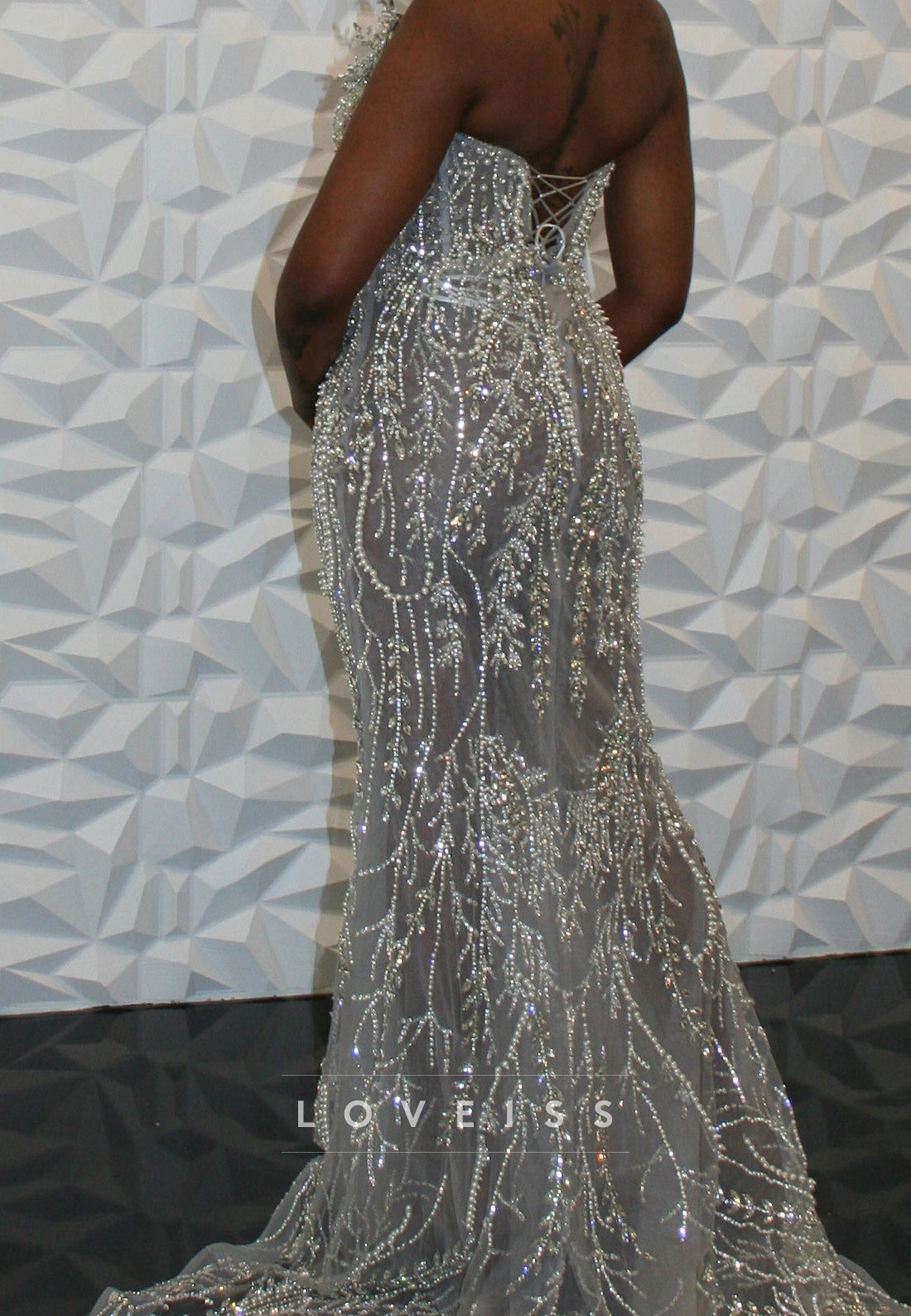 Beaded Illusion Mermaid Gown with Lace-Up Back