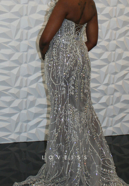 Beaded Illusion Mermaid Gown with Lace-Up Back