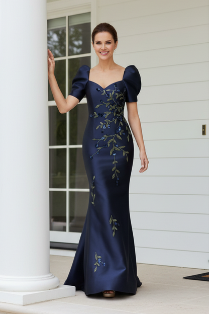 Embroidered Puff Sleeve Mermaid Evening Gown