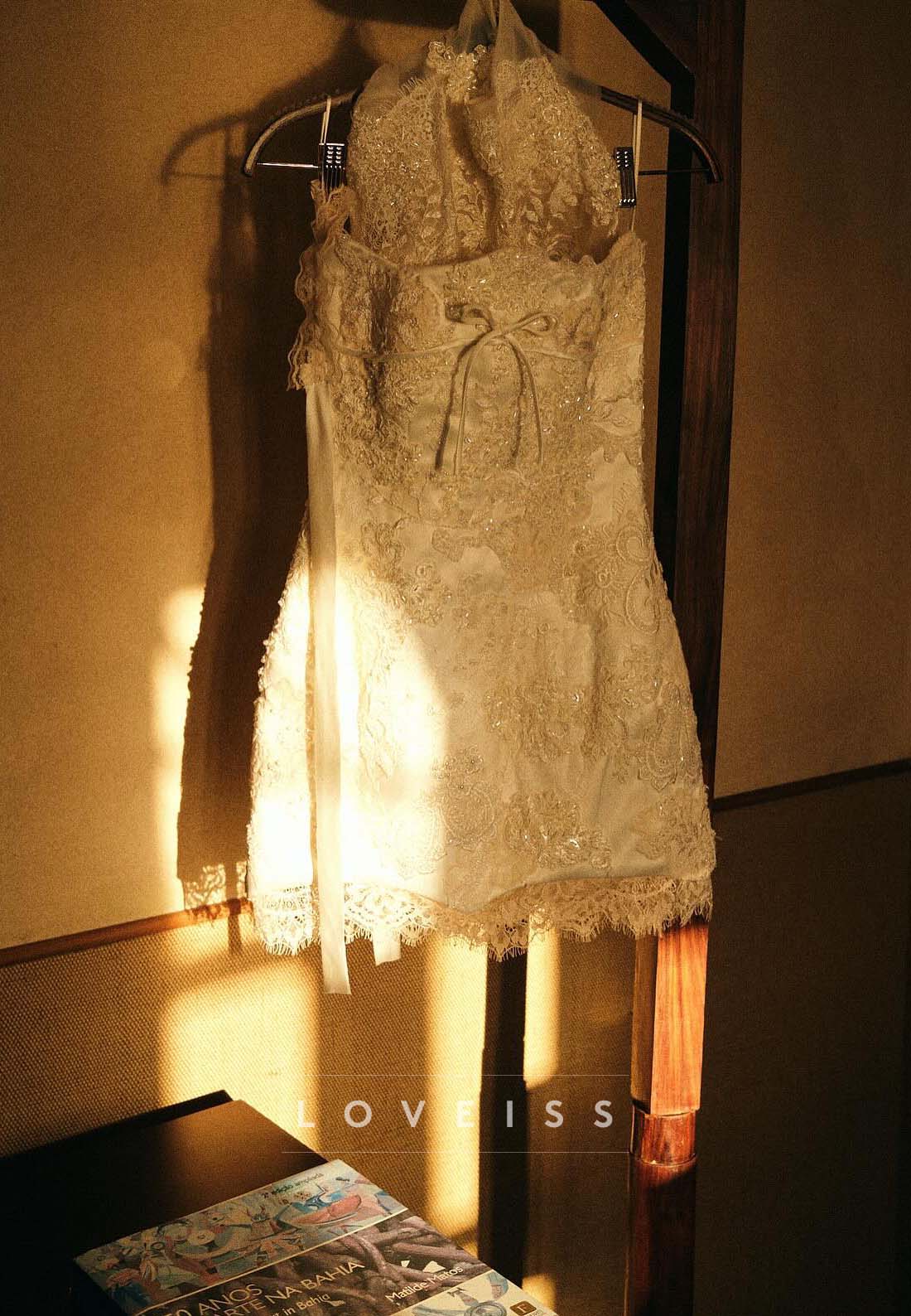 High Neck Lace Mini Dress with Bow Accent