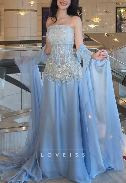 Strapless Beaded Corset Gown with Chiffon Shawl