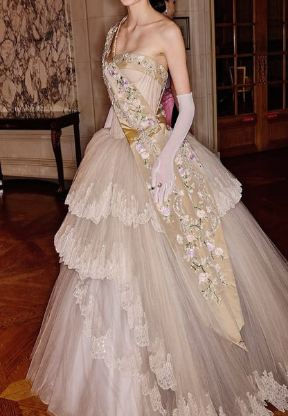 One-Shoulder Embroidered Tiered Tulle Ball Gown