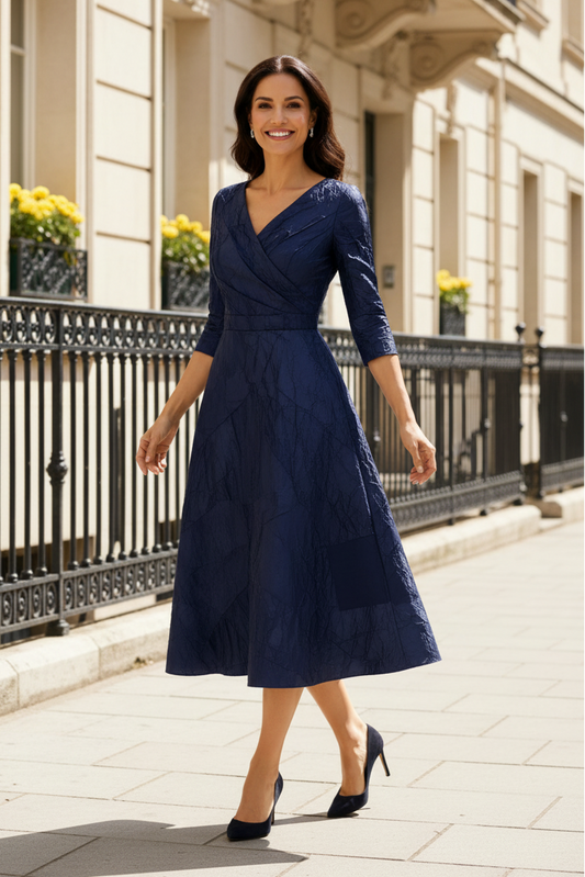 3/4 Sleeve Wrap Jacquard Midi Dress with V-Neck