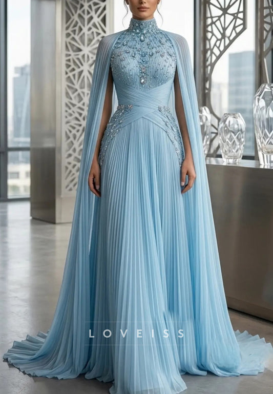 Beaded High Neck Cape Sleeve Pleated Evening Gown