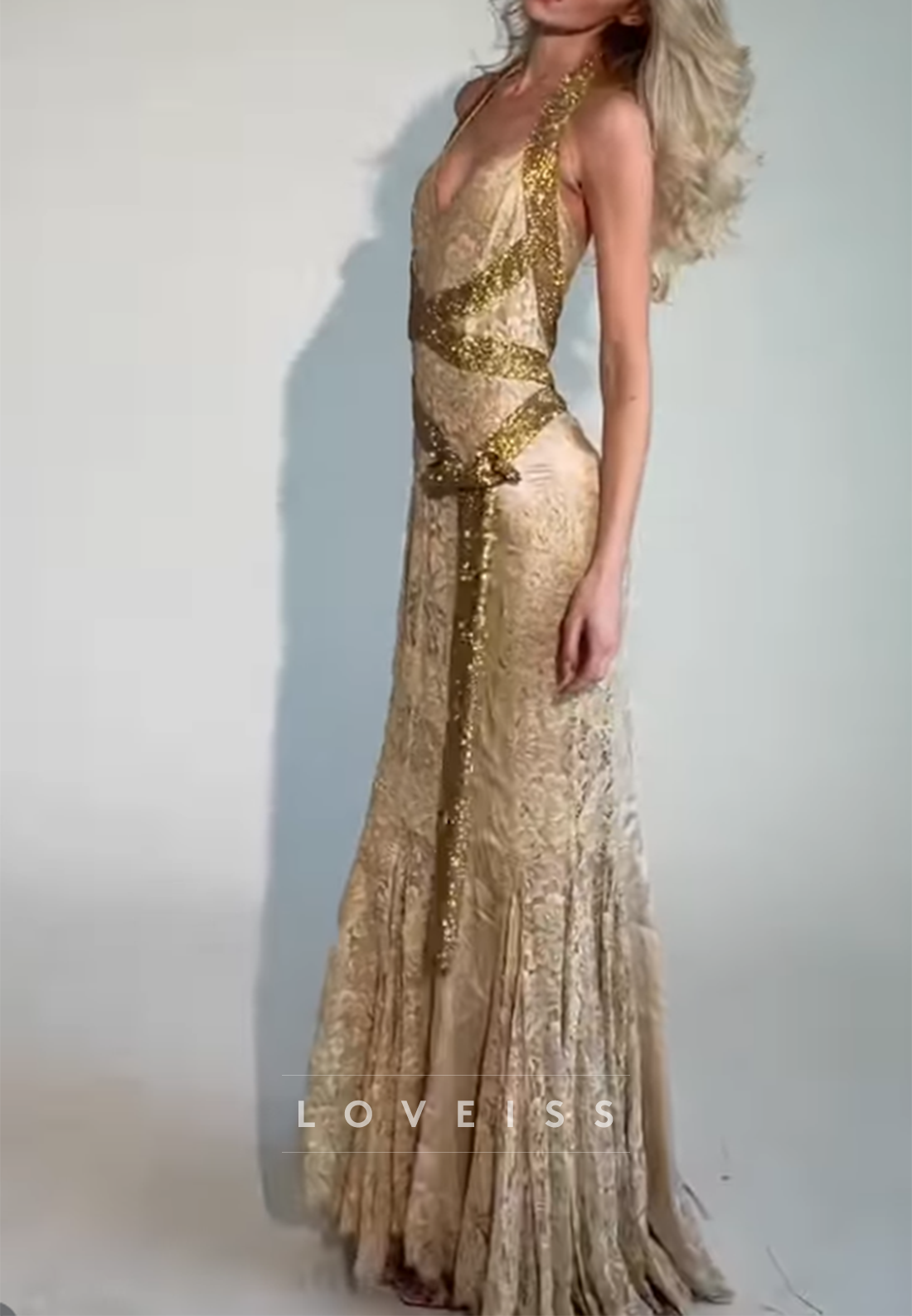 Halter Jacquard Gown with Sequin Wrap Trim