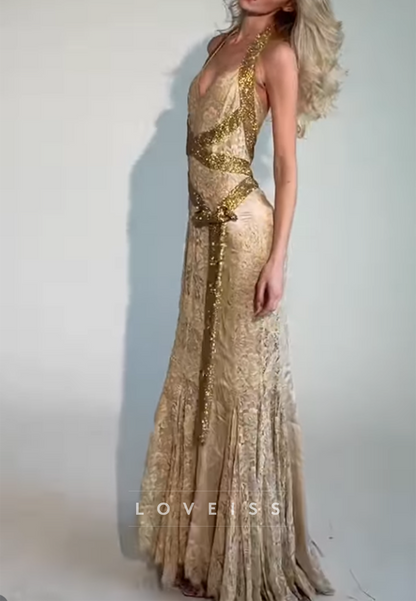 Halter Jacquard Gown with Sequin Wrap Trim