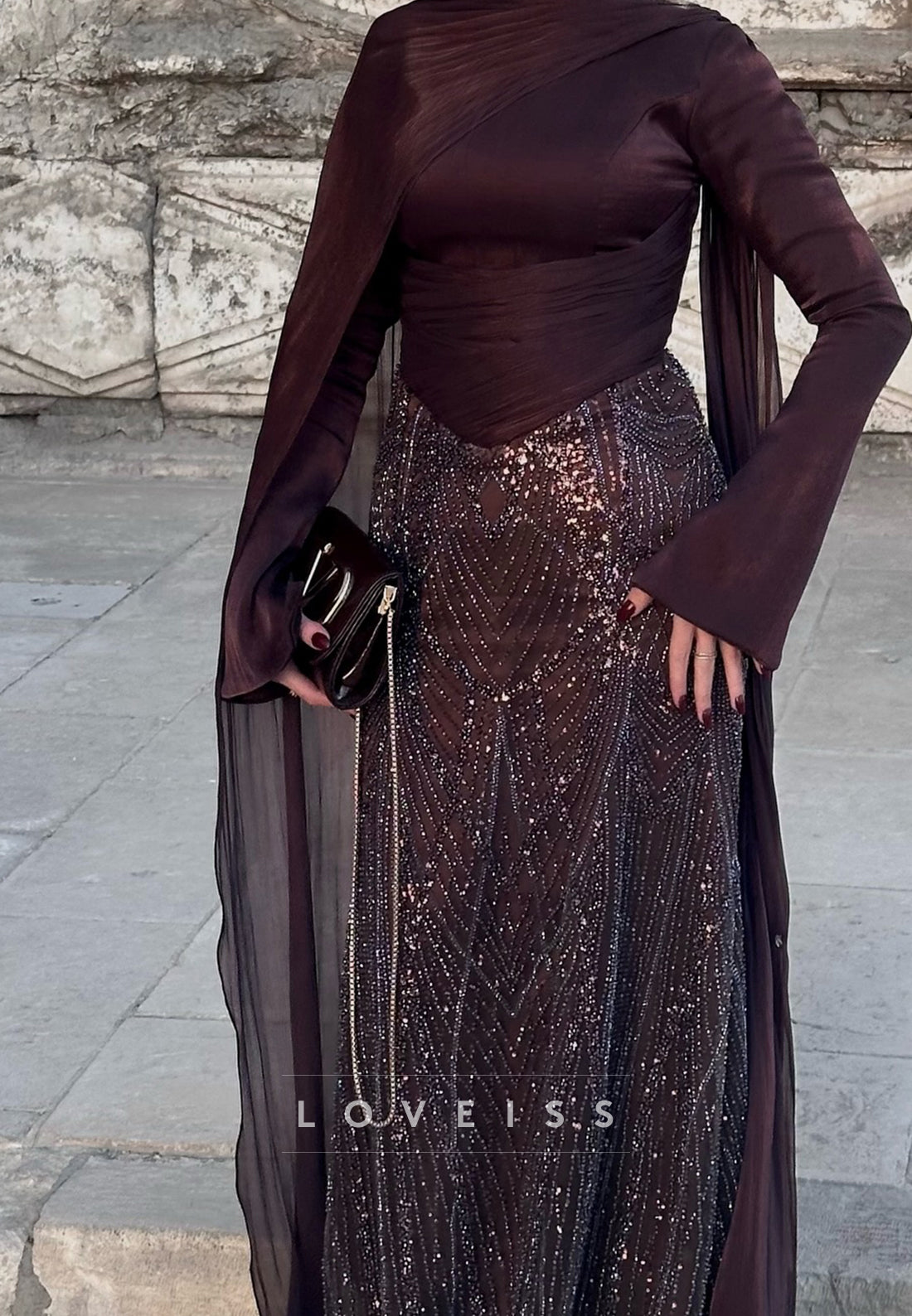 Long Sleeve Sequin Mermaid Gown with Draped Shawl