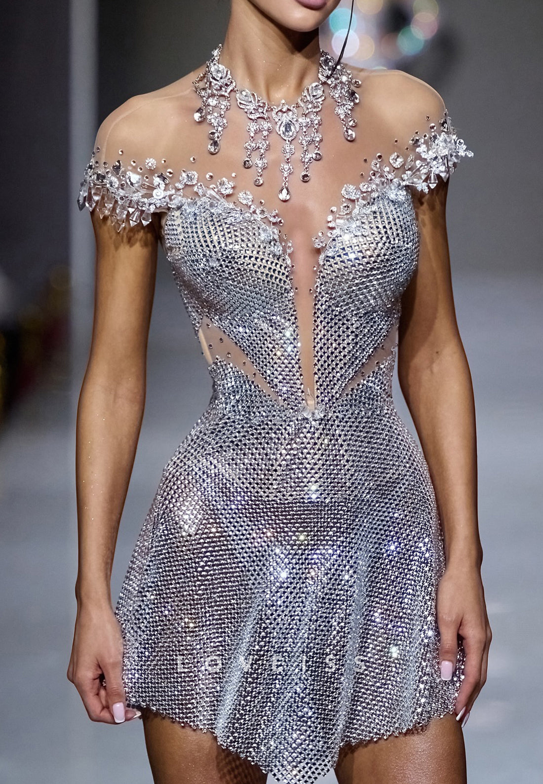 Crystal Mesh Illusion Mini Dress with Statement Necklace