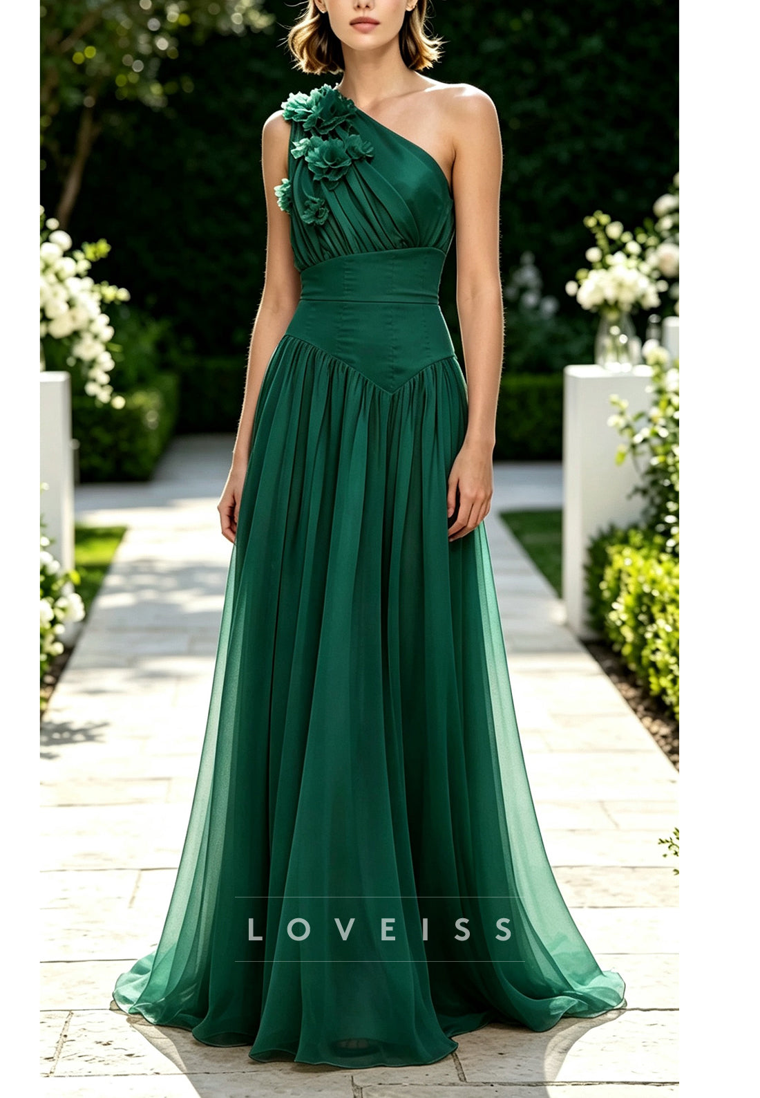 One-Shoulder Floral Applique A-Line Maxi Dress
