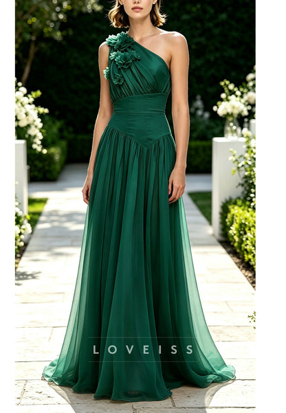 One-Shoulder Floral Applique A-Line Maxi Dress