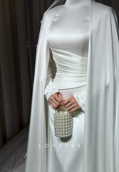 High-Neck Long-Sleeve Satin Wedding Dress with Cape