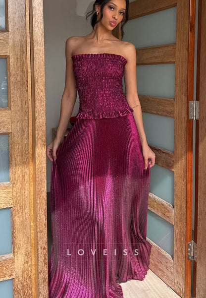 Strapless Smocked Pleated Maxi Dress