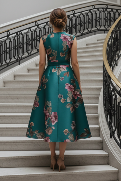Floral Print Sleeveless V-Neck Midi A-Line Dress